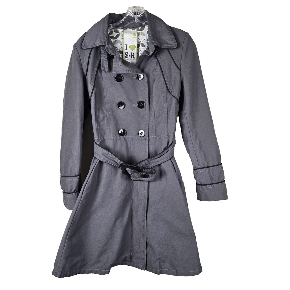 Soia‎ & Kyo Gray Double Breasted Trench Coat Jacket Women's Large Belted Flared